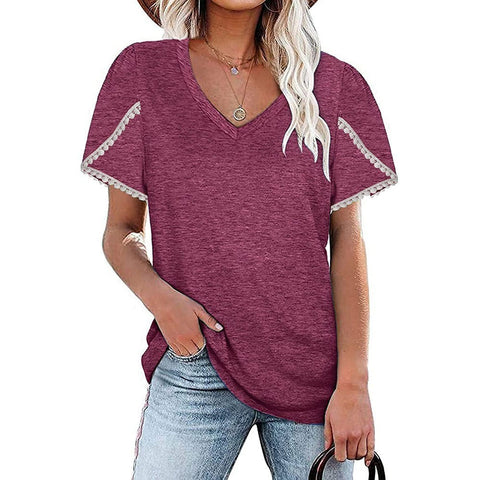 Lace Border V-Neck Short-Sleeved Shirt