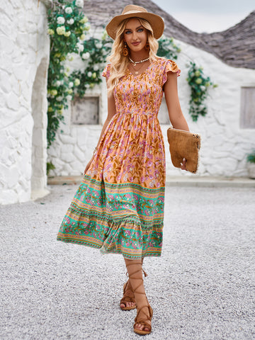 Flower Print V-neck Casual Ruffle Sleeveless Bohemian Dress