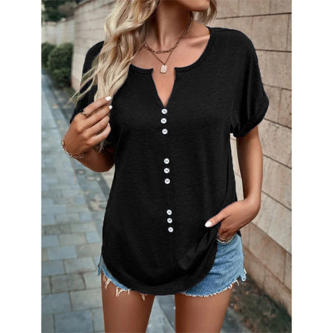 Button Front V-neck Short Sleeve Top