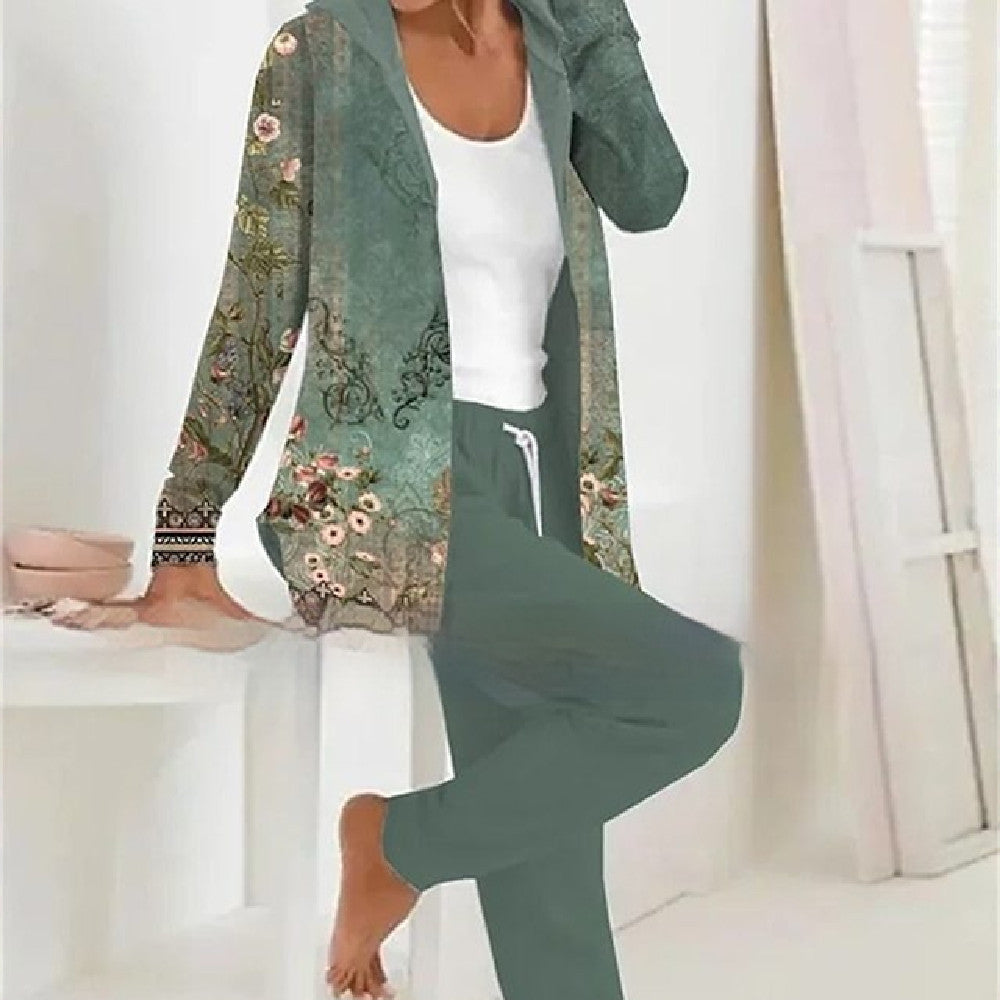 Jacket Print with Solid Color Pants Two-piece Set