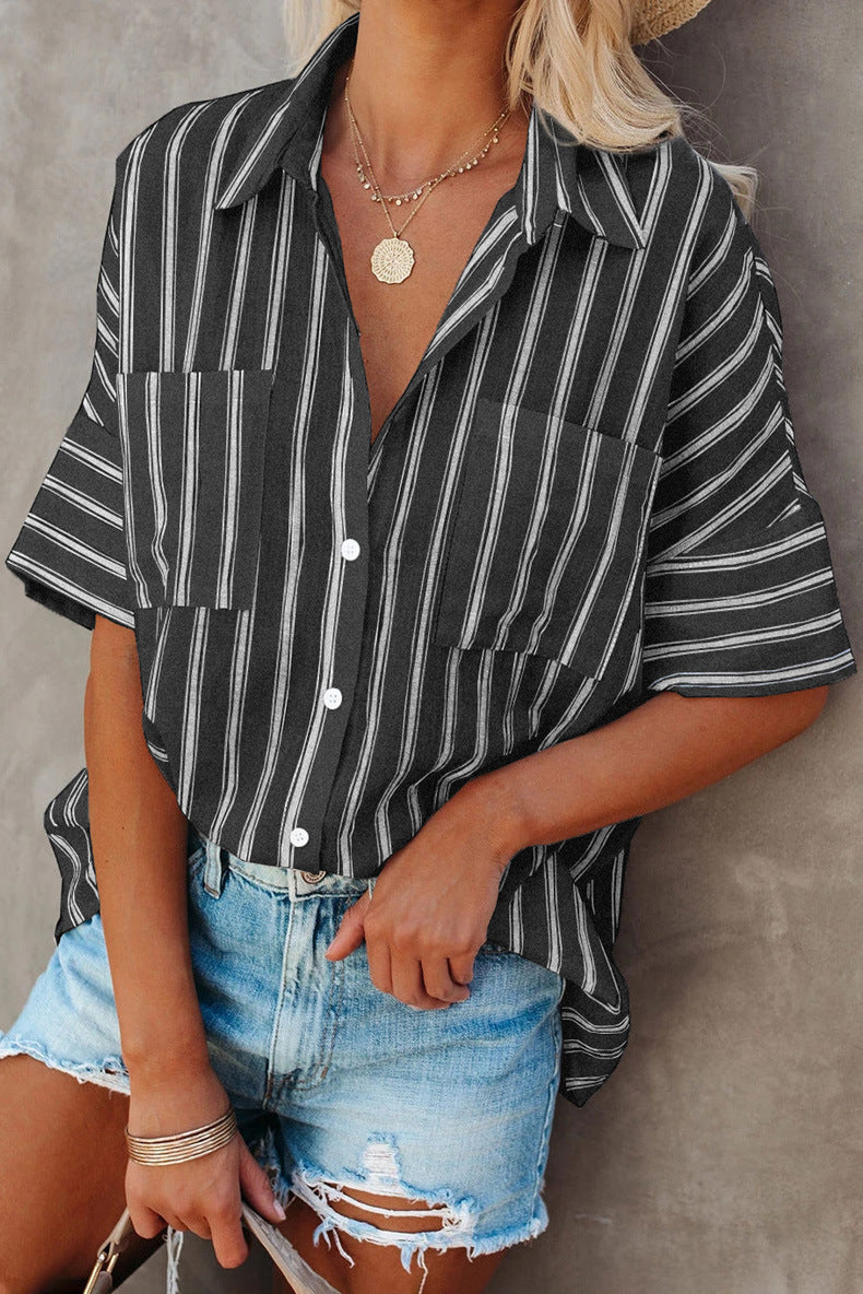 Five-Point Sleeve Striped Shirt Loose Single-Breasted Top