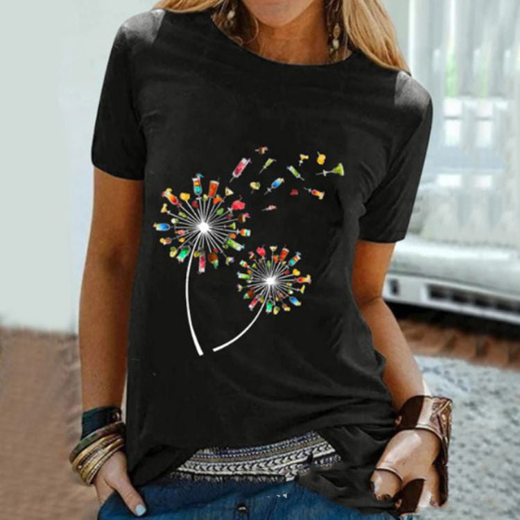 Wine Glass Dandelion Print Round Neck Short Sleeve Top