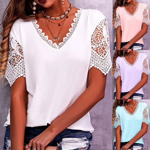 Lace Accent Women V-Neck Short Sleeve Top