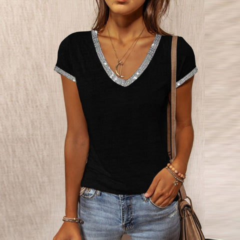 Women's Summer V-Neck Contrast Color Slim Short-Sleeved Top