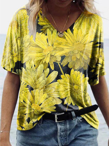 Chrysanthemum Flower Print V-neck Short-sleeved Casual And Comfortable Loose Top