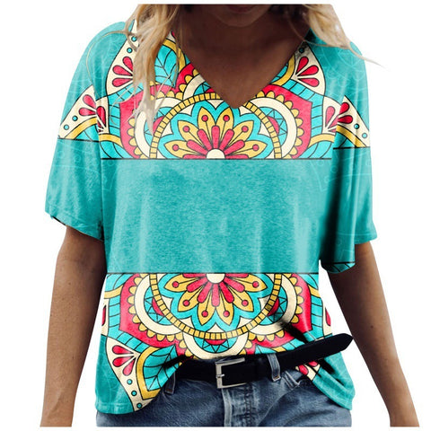 Multi Pattern V-Neck Short Sleeve Top