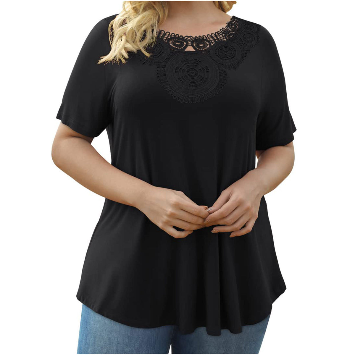 Women's Plus Size Short Sleeve Pullover Lace Pleated Top