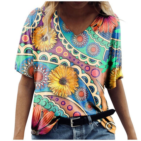 Multi Pattern V-Neck Short Sleeve Top