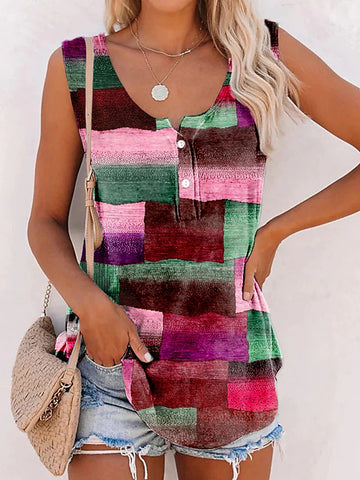 New Striped Printed Button Loose U-neck Top