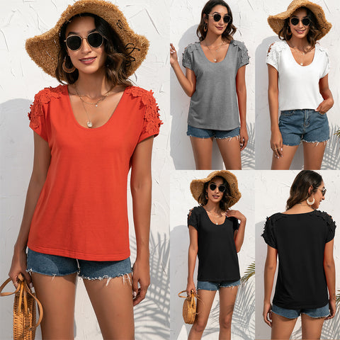 Casual Lace Stitching V-neck Pullover Short-Sleeved Top