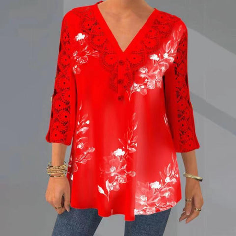 Lace V-Neck Loose Three-quarter Sleeve Casual Top