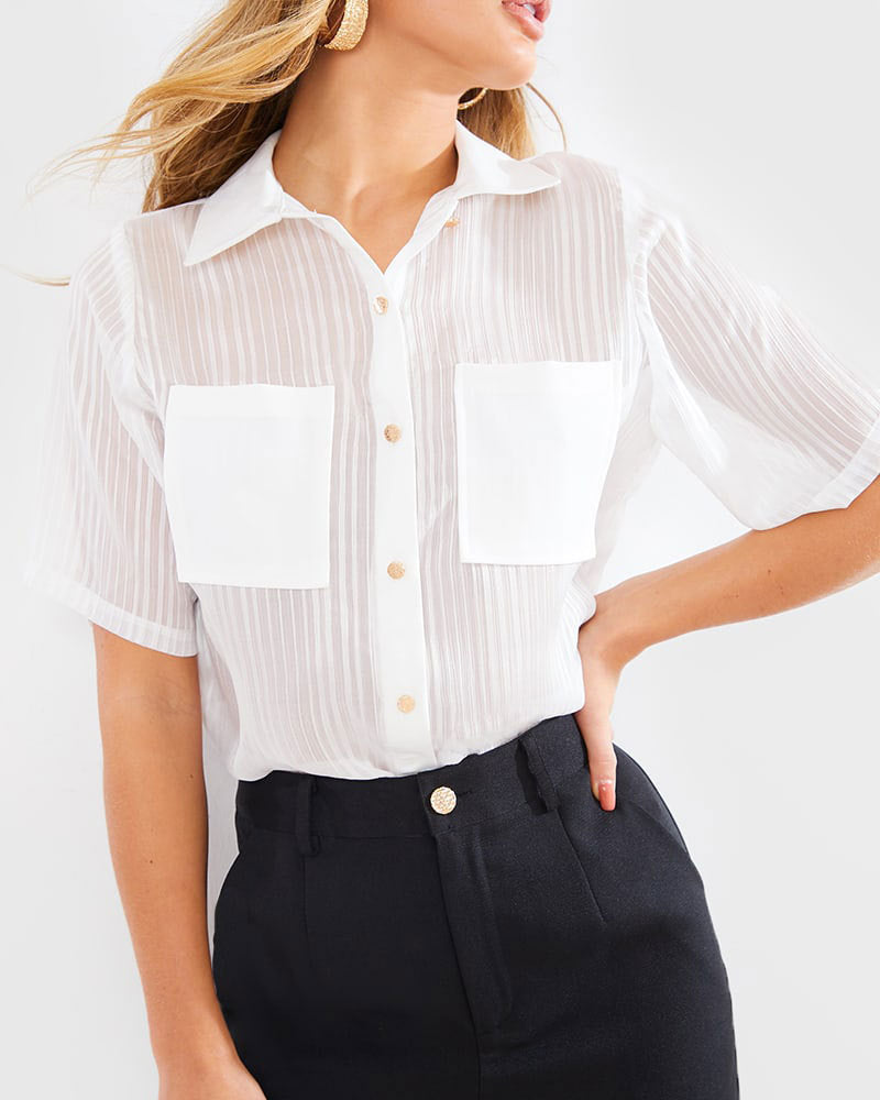 Chiffon Striped Short Sleeve Shirt with Pocket