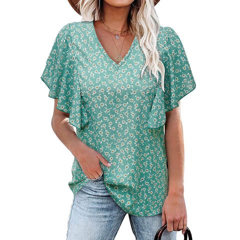 Floral V Neck Casual Short Sleeve Top