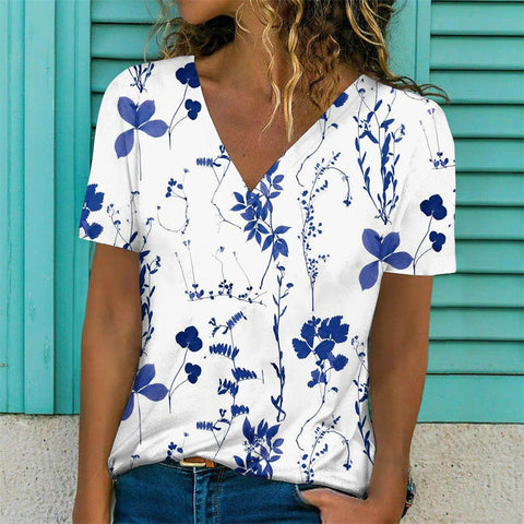 Floral Print Casual Short Sleeve V-Neck Pullover Top