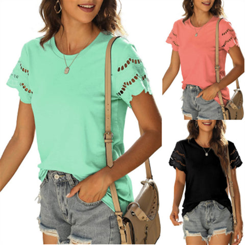 Women's Patchwork Lace Crew Neck Fashion T-Shirt Top