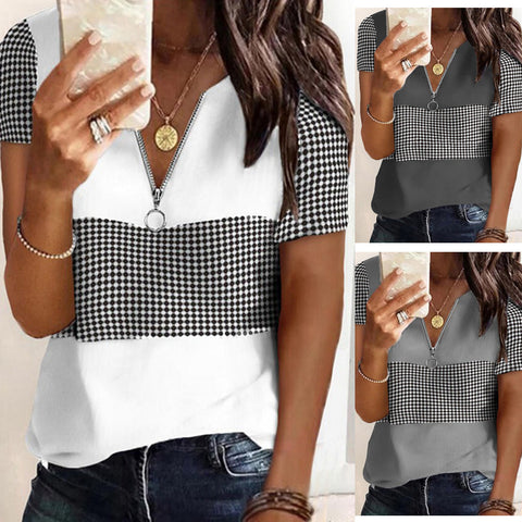 Plaid Print Check V-neck Zipper Neckline Short Sleeve Top