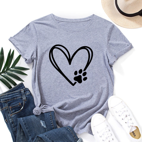 Women's Loose Round Neck Short Sleeve T-shirt With Heart-shaped Paw Print