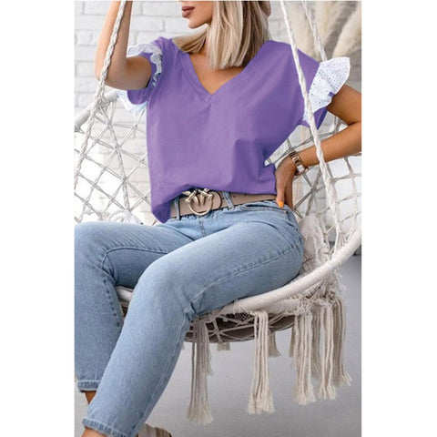 Women's Loose Top V-neck Solid Color Short-sleeved Top