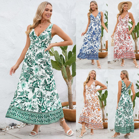 Fashion Floral Print V-neck Summer Dress, Sleeveless Long Dress