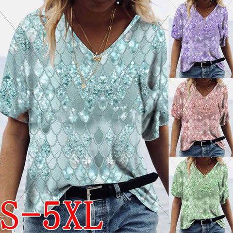 Diamond Design Printed Loose V Neck Short Sleeve Top