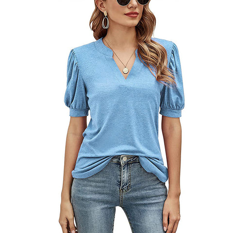 Women's New Casual V-neck Puff Sleeve Loose Women's Top