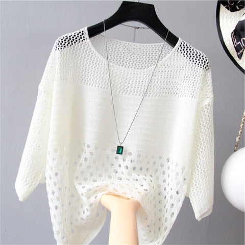 Women's Loose Scoop Neck Thin Hollow Knit Blouse