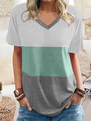 Women's Color Matching V-neck Casual Loose Short Sleeve