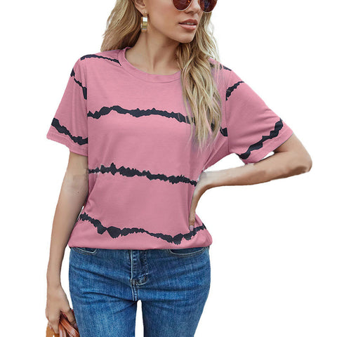 Casual Fashion Striped Print Short Sleeve T-Shirt Ladies Top