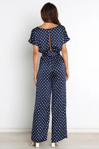 Round Neck Short Sleeve Polka Dot Printed Lace Up Waist-tight Jumpsuit