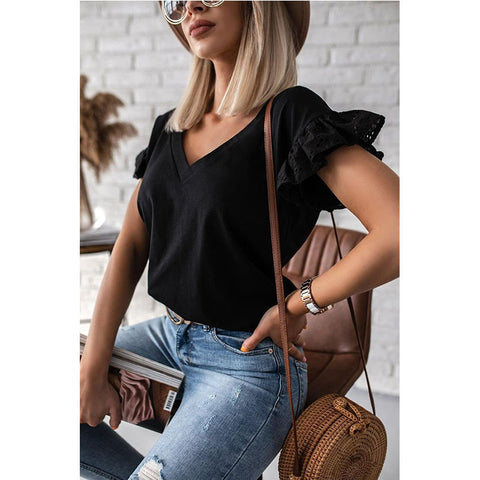 Women's Loose Top V-neck Solid Color Short-sleeved Top