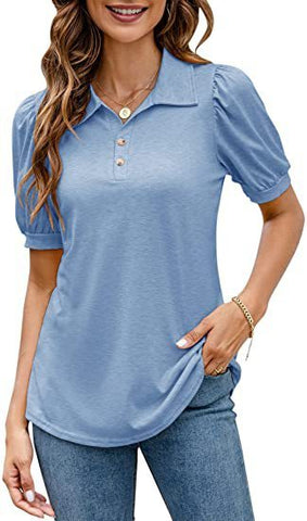 Polo Shirt Button Down Neck Puff Sleeve Loose Top