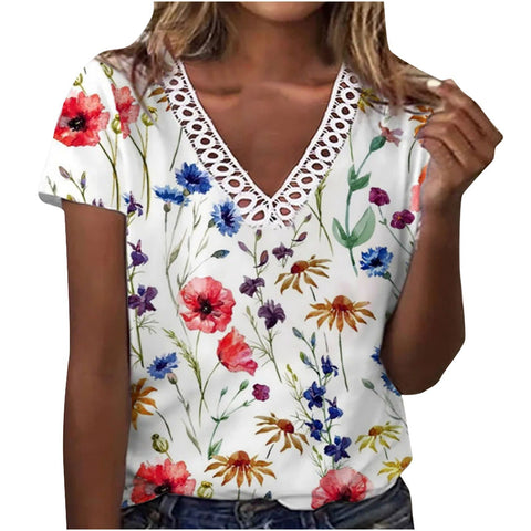 Flower Print V Neck Short Sleeve Top