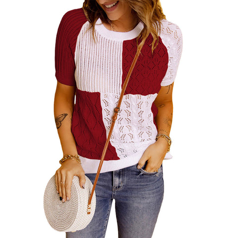 Color-blocking Knitted Sweater Short-sleeved Top