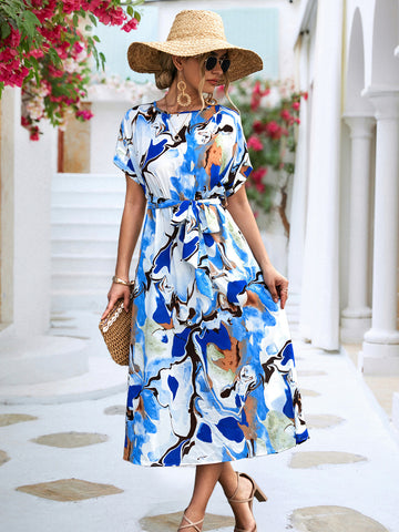 Summer Print Short-sleeved Lace-up A-line Long Dress