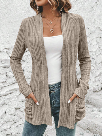 Autumn And Winter Long Sleeve Solid Color Mid-length Knitted Cardigan with Pockets