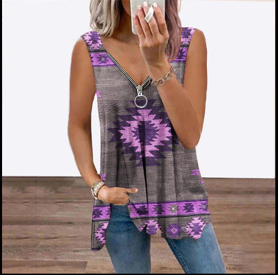 Women's Geometric Abstract Zip V-Neck Tank