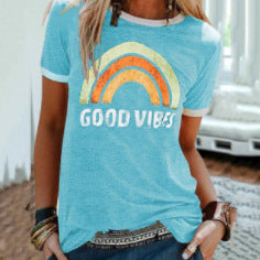 Fashion Rainbow Good Vibes Crew Neck Short Sleeve Top