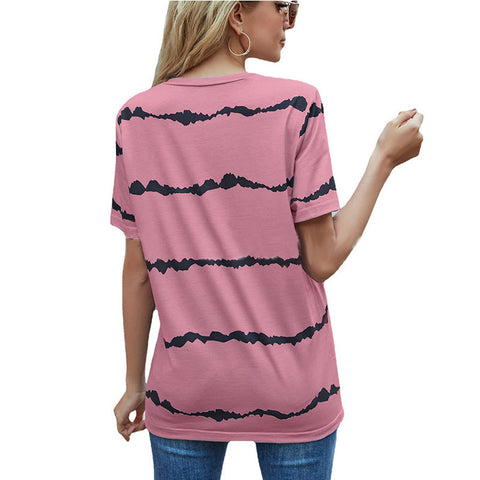 Casual Fashion Striped Print Short Sleeve T-Shirt Ladies Top