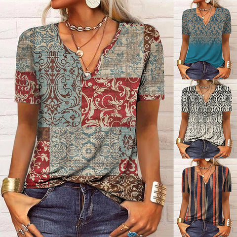 Women's Loose Floral V-neck Short-sleeved Top