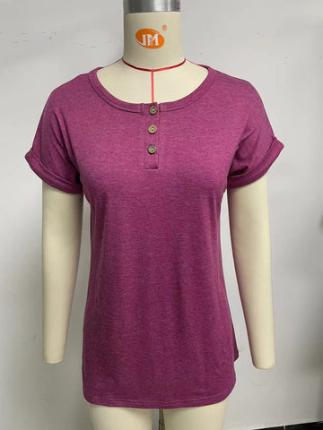 Women's Summer Solid Color Round Neck Button Loose Top