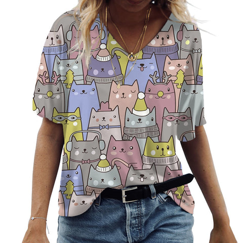 Assorted Cat Designs Casual Short Sleeve V-Neck Top