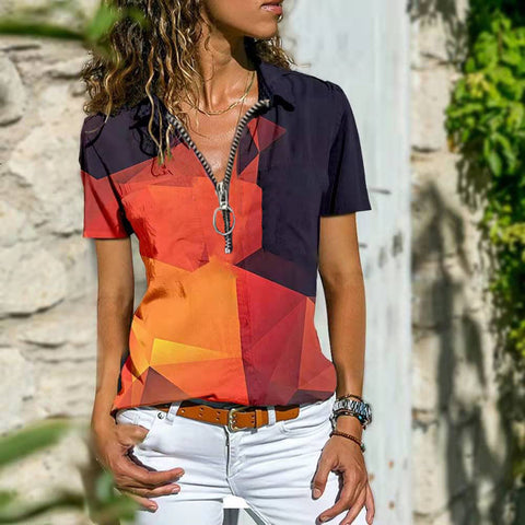 Bohemian Zippered Front Short Sleeve Top