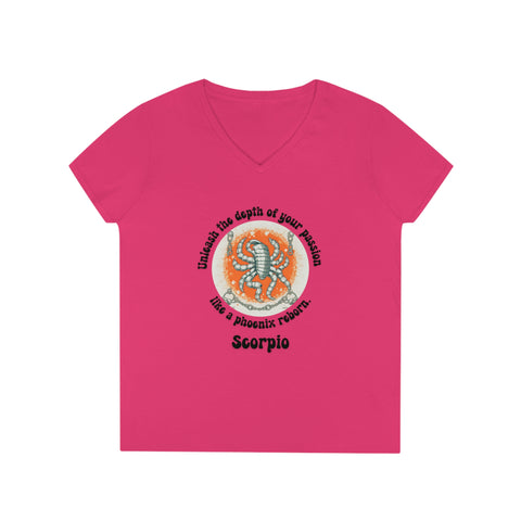 Ladies' V-Neck T-Shirt - Scorpio - Unleash the depth of your passion like a phoenix reborn