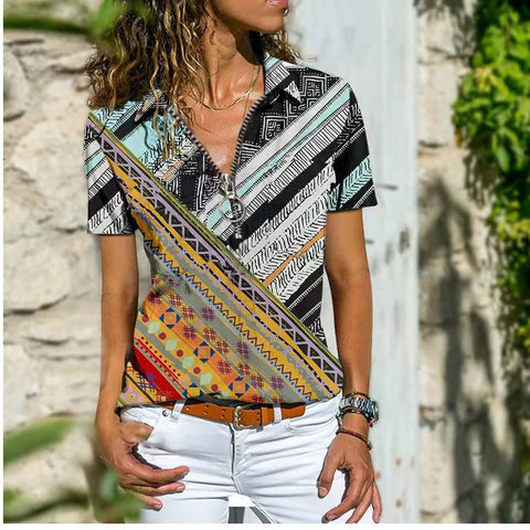 Bohemian Zippered Front Short Sleeve Top