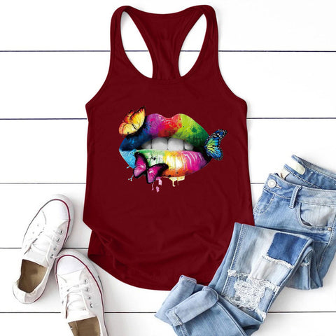 Multicolored Lips and Butterflies Printed Tank Top