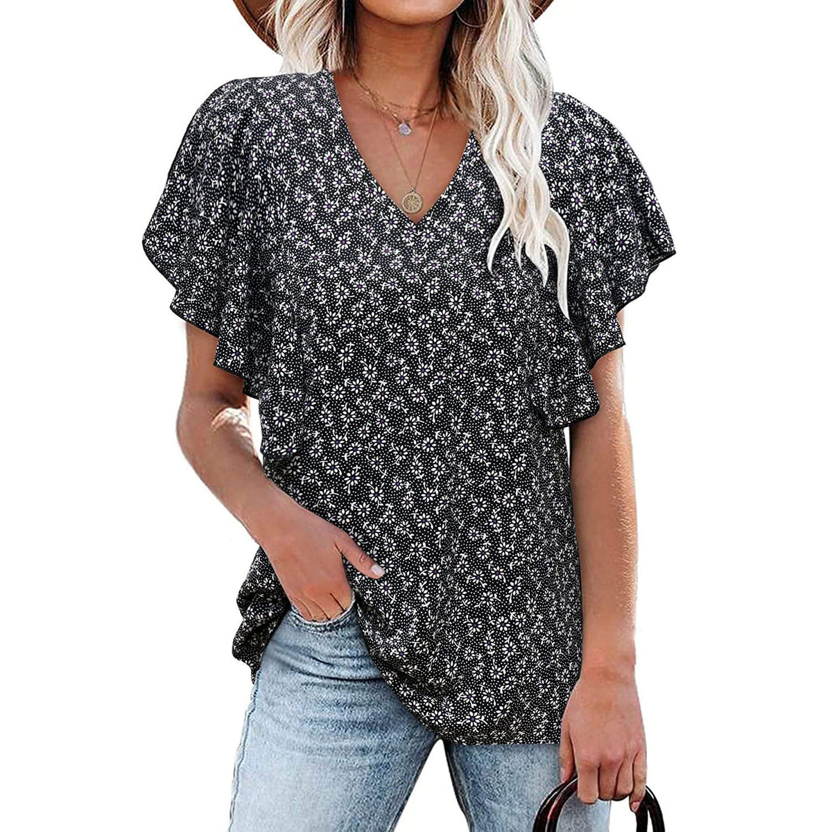 Floral V Neck Casual Short Sleeve Top