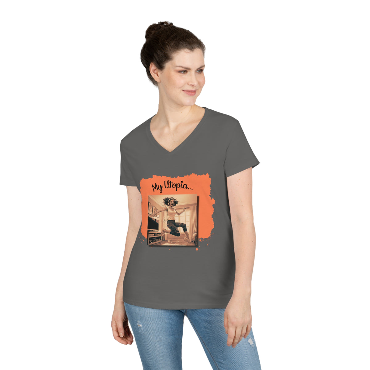 Ladies' V-Neck T-Shirt - Jump Dancing - Fashionably Cozy