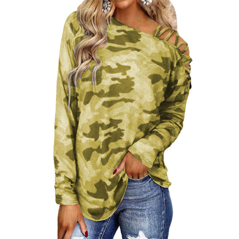 Camouflage Printed Shoulder Strap Cross-neck Long-sleeved Top