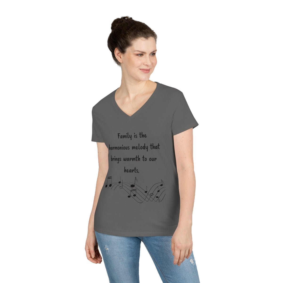 Ladies' V-Neck T-Shirt - Family is the harmonious melody that brings warmth to our hearts.