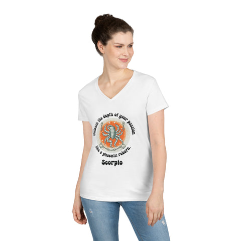 Ladies' V-Neck T-Shirt - Scorpio - Unleash the depth of your passion like a phoenix reborn